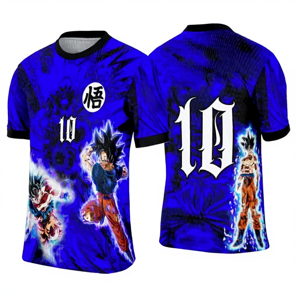 2025 Dragon Ball Goku Evolution Cosplay Football Jersey Tee – Blue Aura Edition