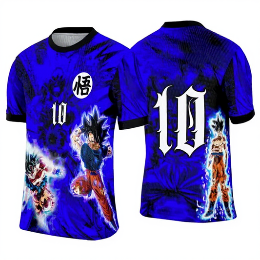 2025 Dragon Ball Goku Evolution Cosplay Football Jersey Tee – Blue Aura Edition
